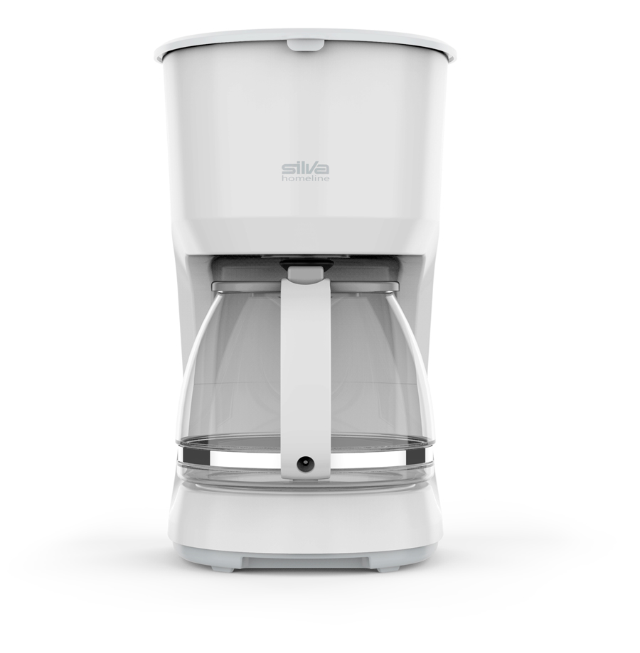 Kaffeemaschine in Weiß mit transparentem Kaffeekanne. Schlichtes Design, keine auffälligen Details.