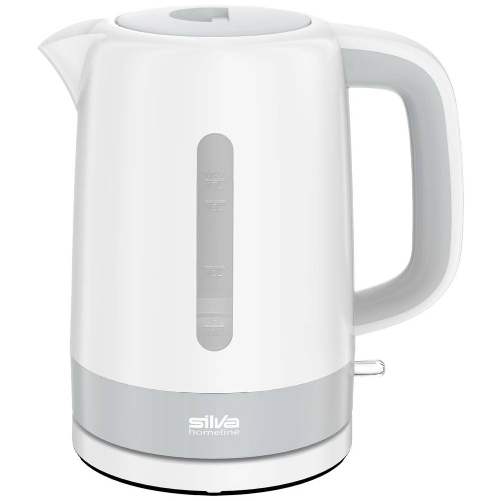 Weißer Wasserkocher mit grauem unteren Teil. Hat einen ergonomischen Griff und eine Wasserstandsanzeige.