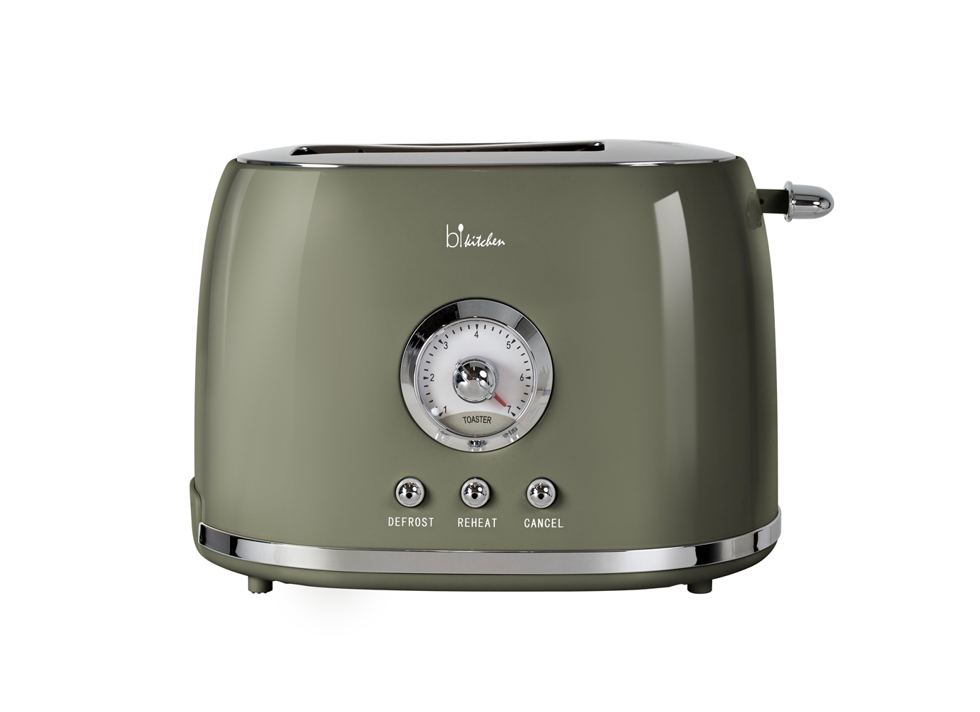 grüner Toaster mit glänzender Oberfläche. Rundes Bedienfeld in der Mitte. Knöpfe für Auftauen, Aufwärmen und Abbrechen.
