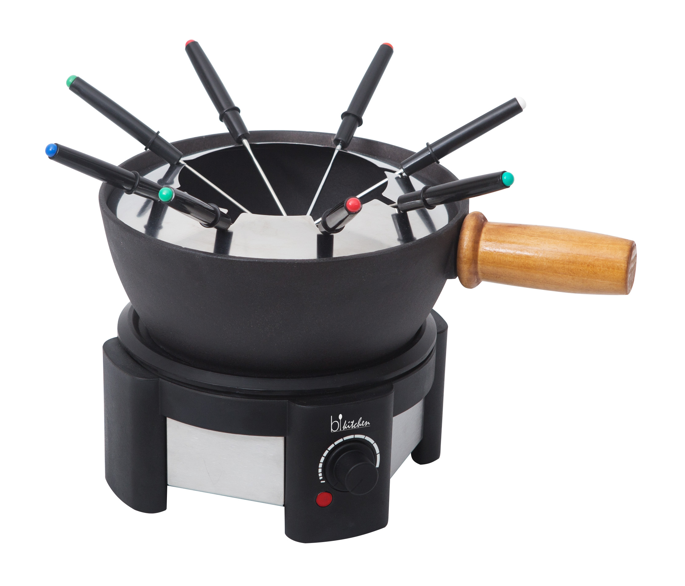 Fondue-Set mit schwarzem Topf und Holzgriff. Enthält mehrere Gabeln in verschiedenen Farben.