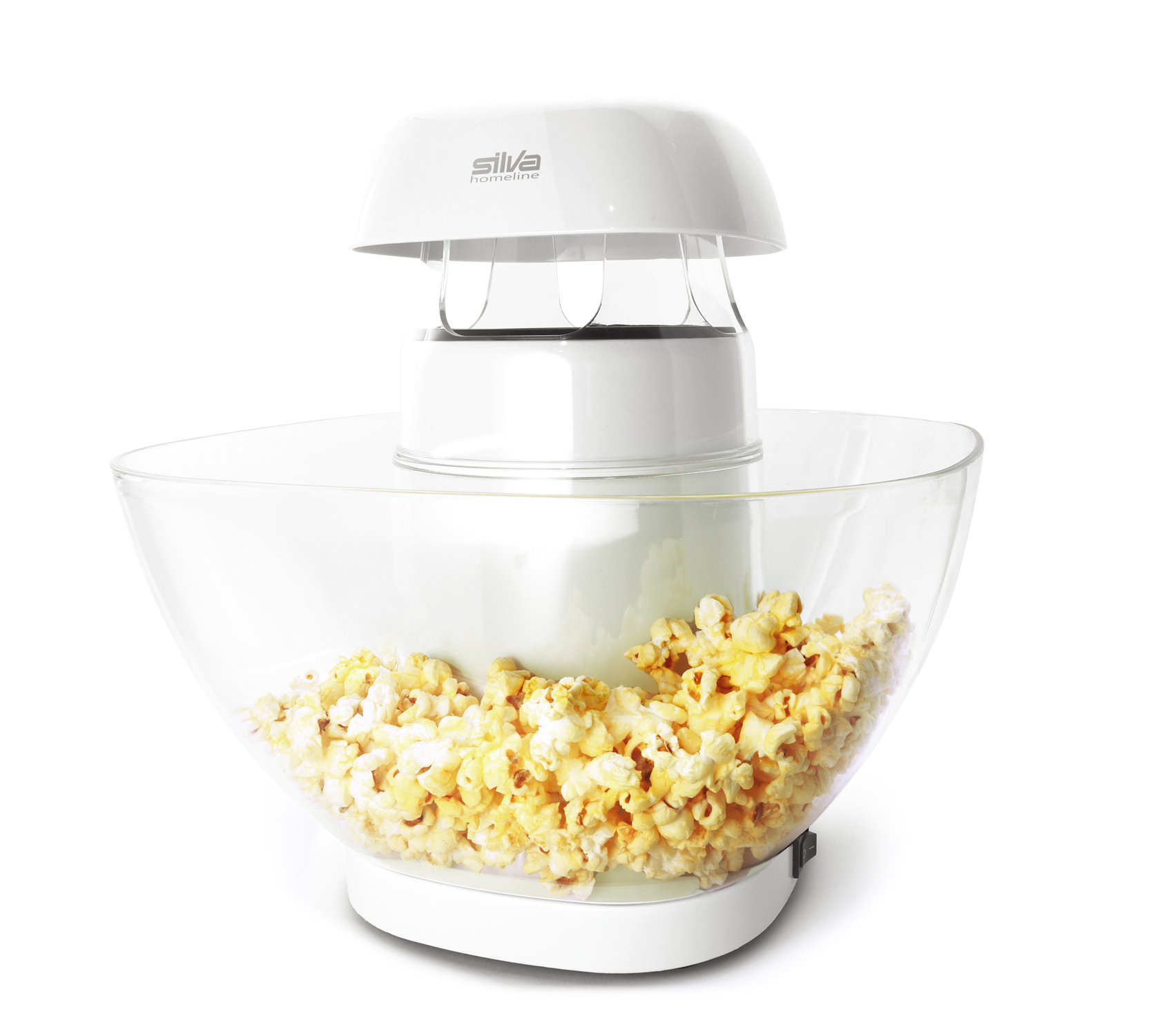 Popcornmaschine mit transparentem Behälter. Oben befindet sich ein weißer Deckel.