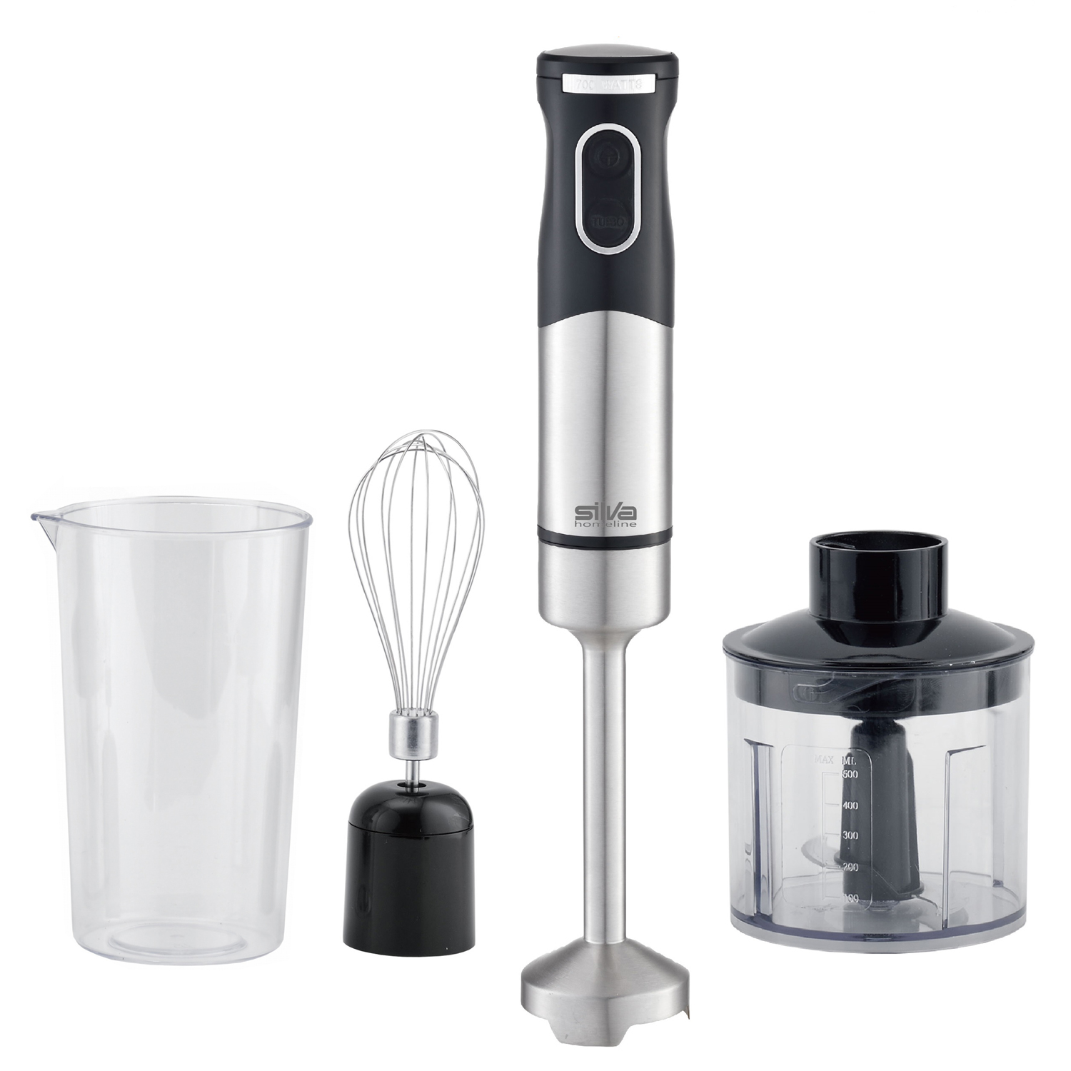 Stabmixer mit Edelstahlgriff und mehreren Aufsätzen. Enthält einen Messbecher, einen Schneebesen und eine Zerkleinerungsbox.