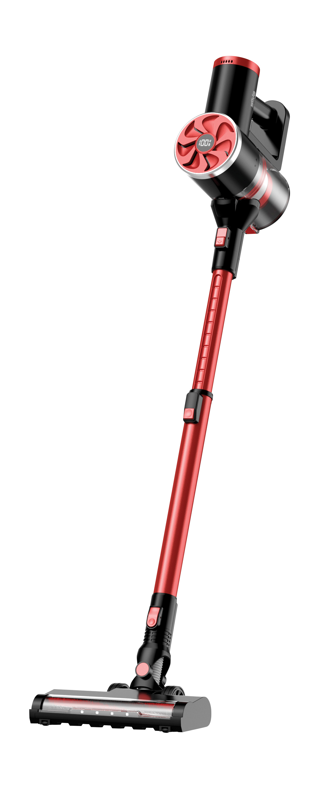 Kabelloser Staubsauger in rot und schwarz. Hat eine schlanke Form mit einer breiten Bodendüse.