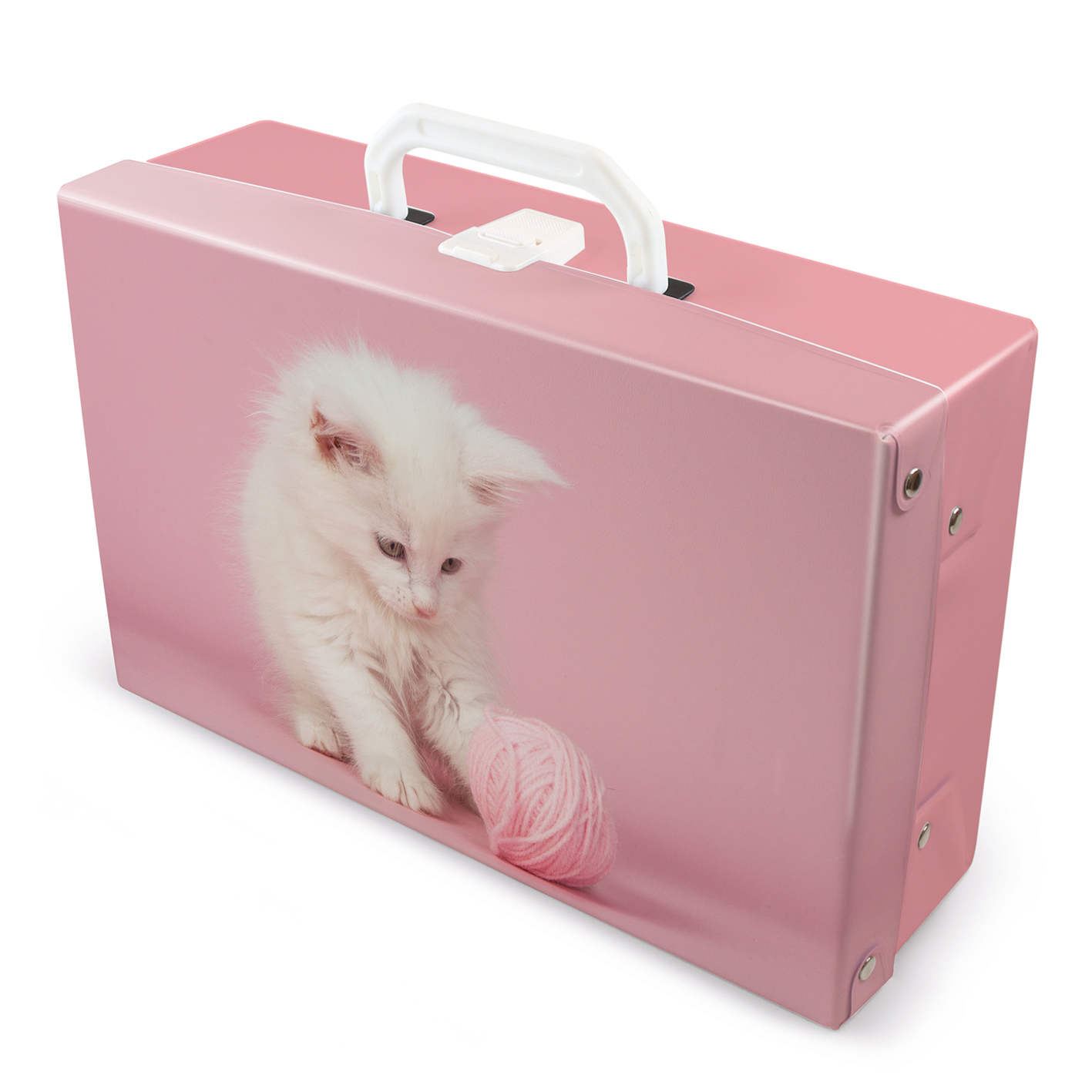 pinkfarbene Box mit einem Bild eines weißen Kätzchens, das mit einem rosa Wollknäuel spielt. Die Box hat einen weißen Griff.