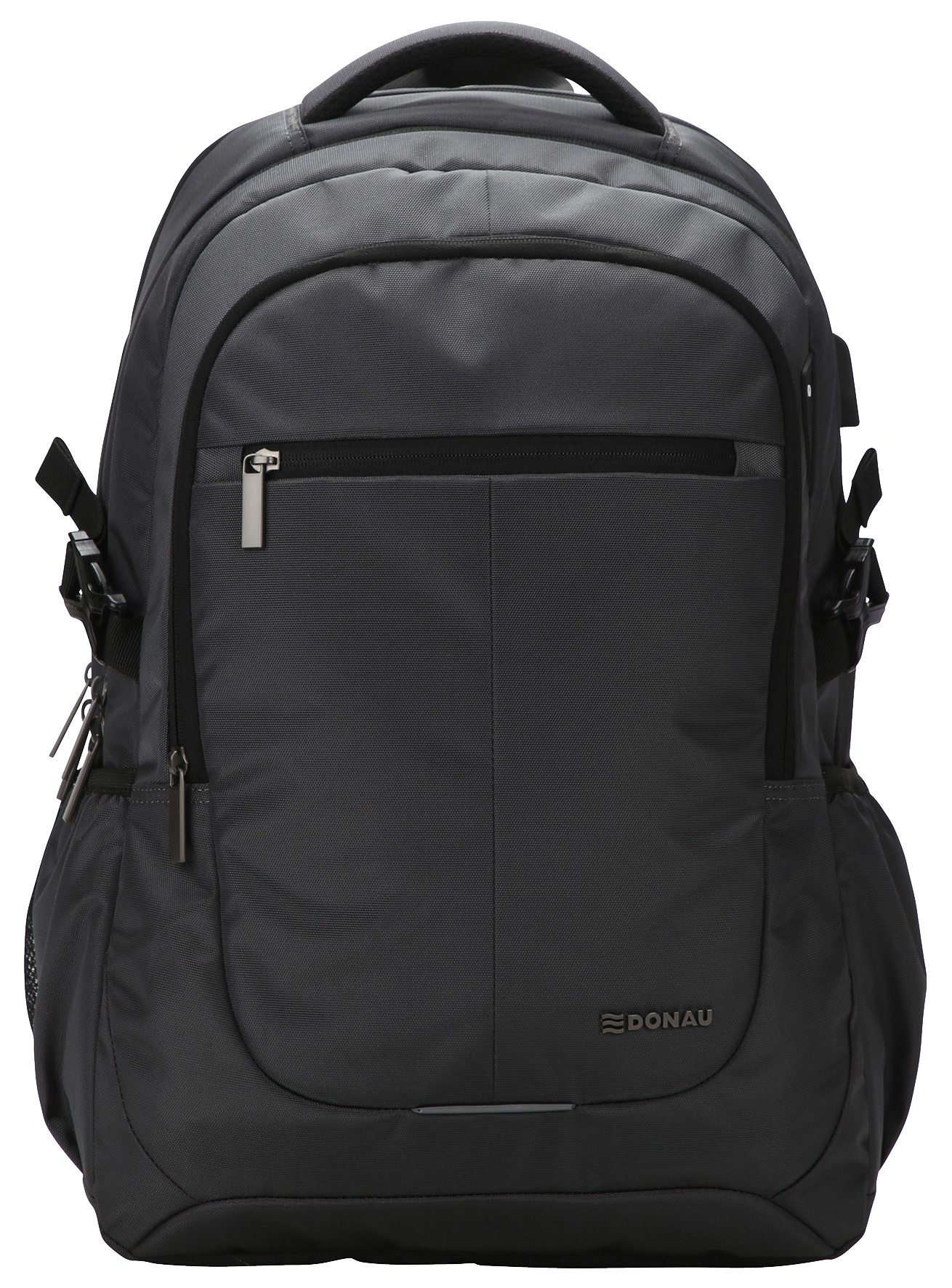 schwarzer Rucksack mit mehreren Fächern. Gepolsterte Rückseite und Tragegurte. Reißverschluss vorne und seitliche Netztaschen.