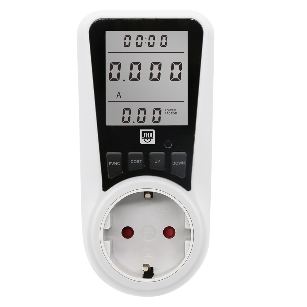 Energieverbrauchsmesser mit digitalem Display. Zeigt Stromverbrauch und Kosten an.
