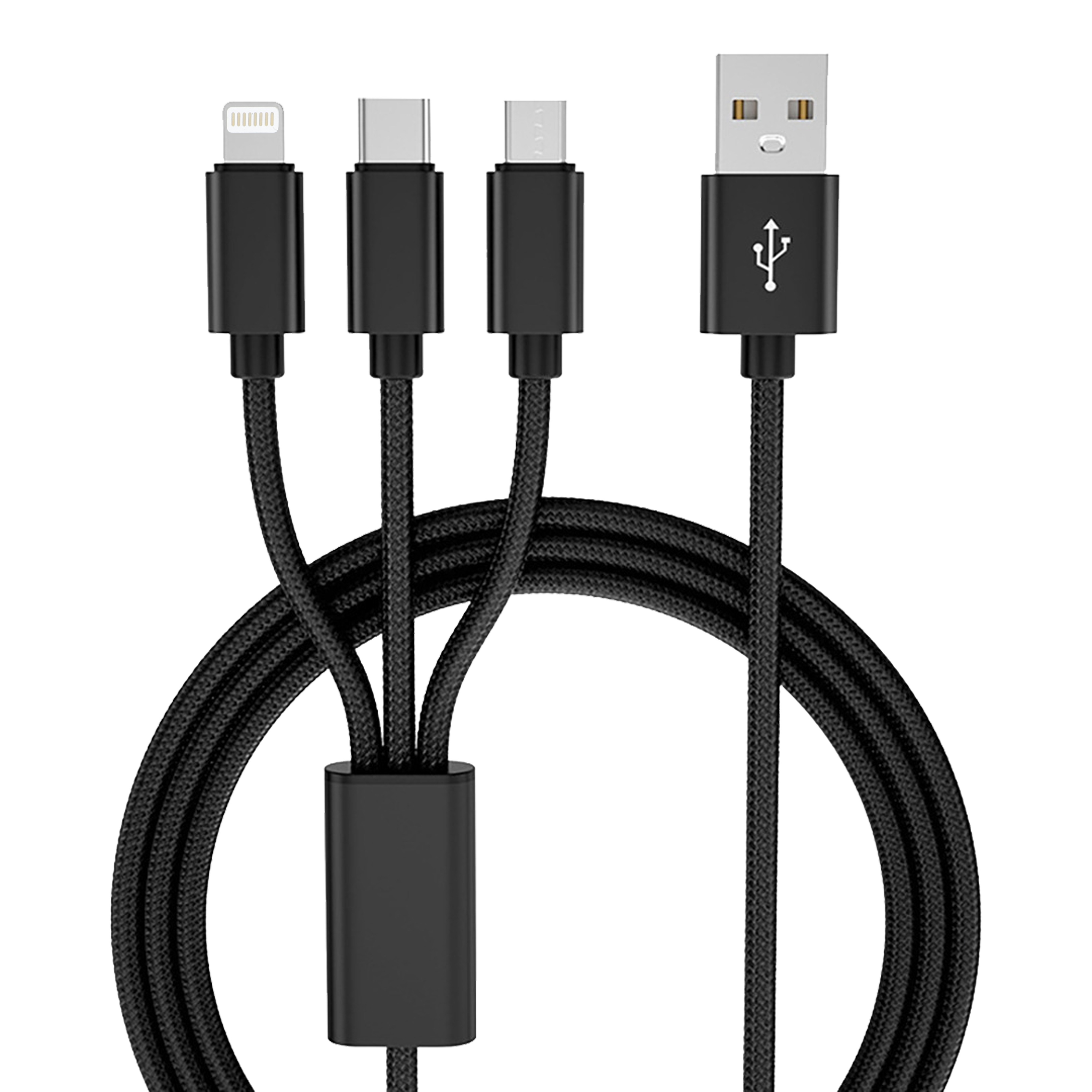 schwarzes Ladekabel mit drei Anschlüssen: Lightning, USB-C, Micro-USB. Geflochtene Hülle, mittellange Länge.