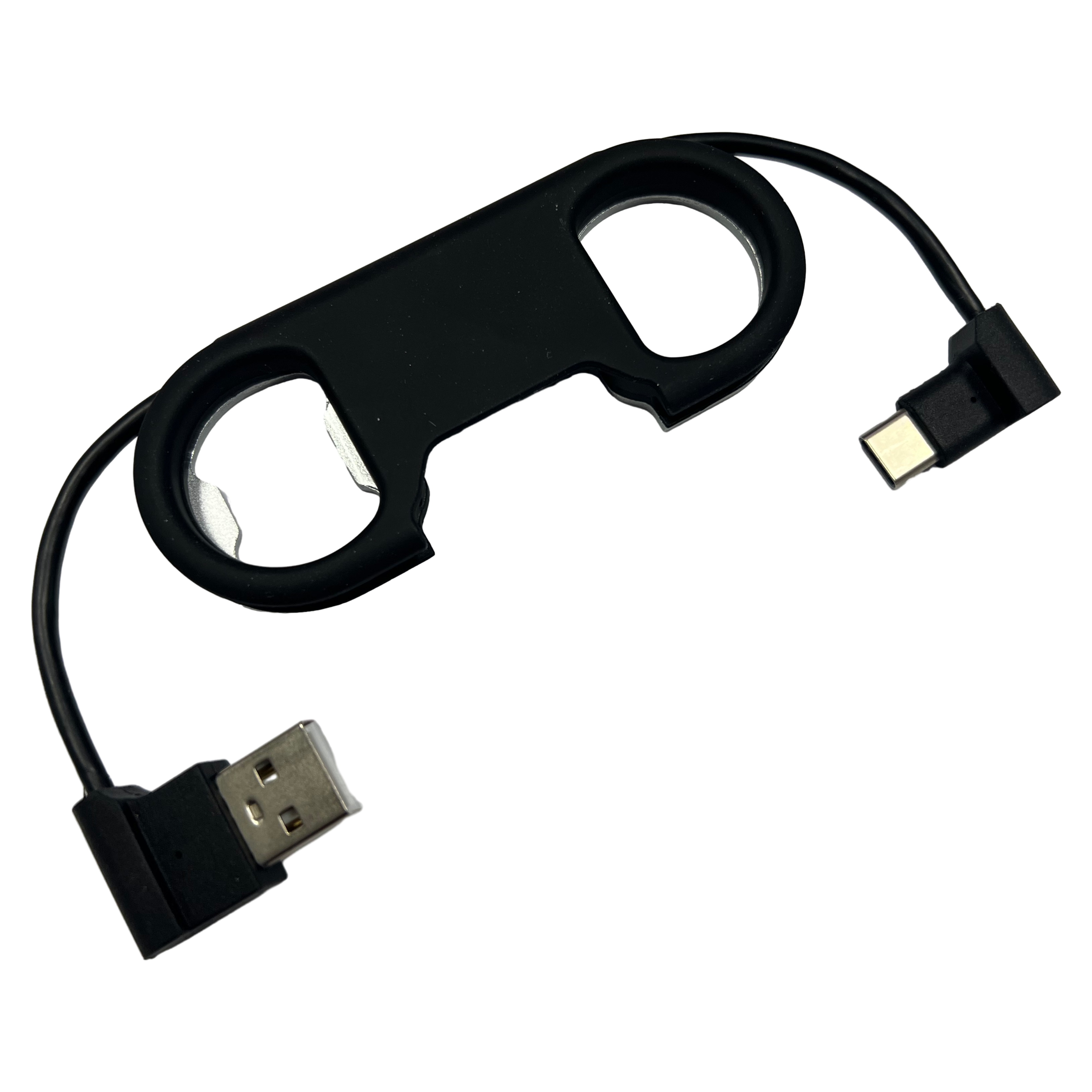 Schwarzes USB-Kabel mit zwei Anschlüssen. Links ein Standard-USB-Stecker, rechts ein kleinerer Stecker. In der Mitte eine Halterung mit zwei Öffnungen.
