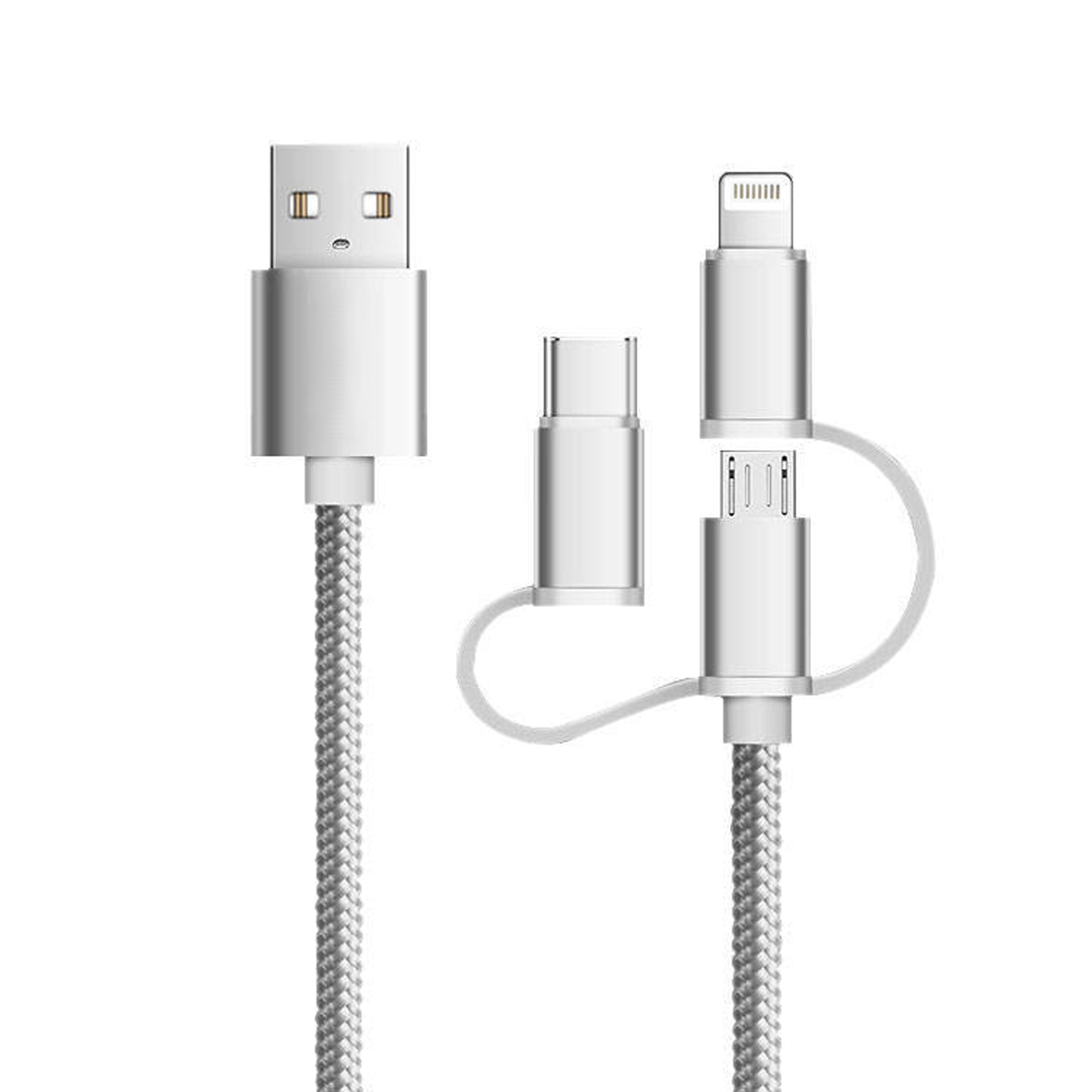 USB-Kabel mit mehreren Anschlüssen. Ein Ende mit USB-Stecker, andere Enden mit Lightning- und USB-C-Anschluss. Geflochtene Hülle, silberne Farbe.