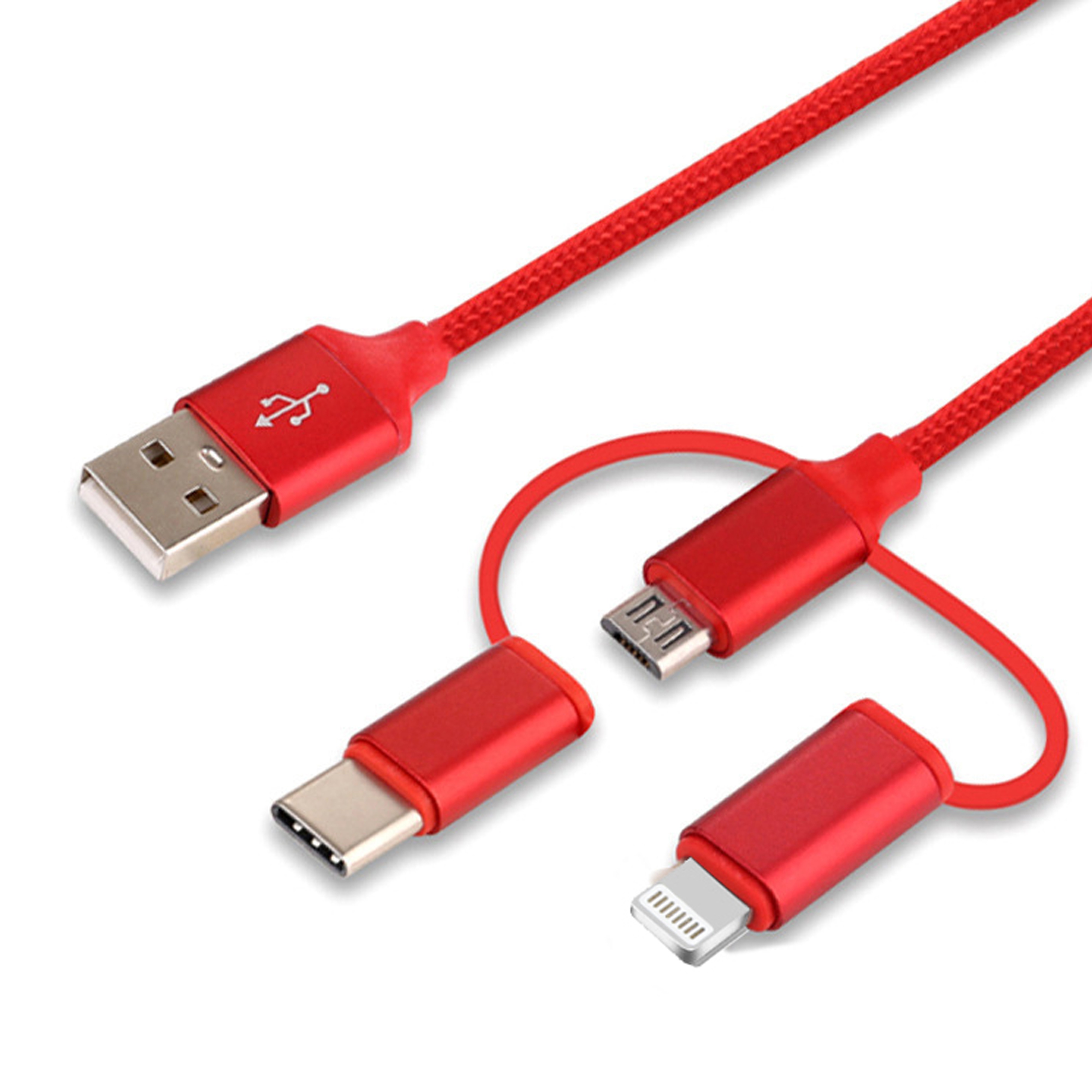 Rotes USB-Kabel mit mehreren Anschlüssen. Enthält USB, USB-C, Micro-USB und Lightning.