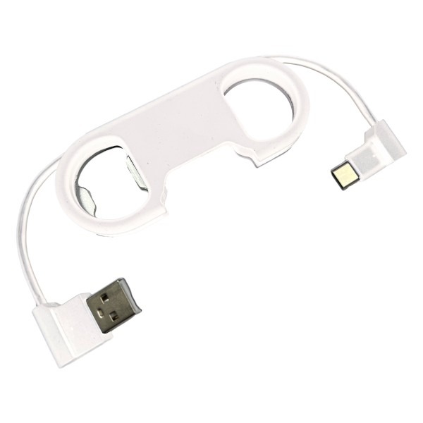 Weißes Kabel mit USB-Anschluss und einem speziellen Stecker. Es hat eine Halterung in Form eines Rings.