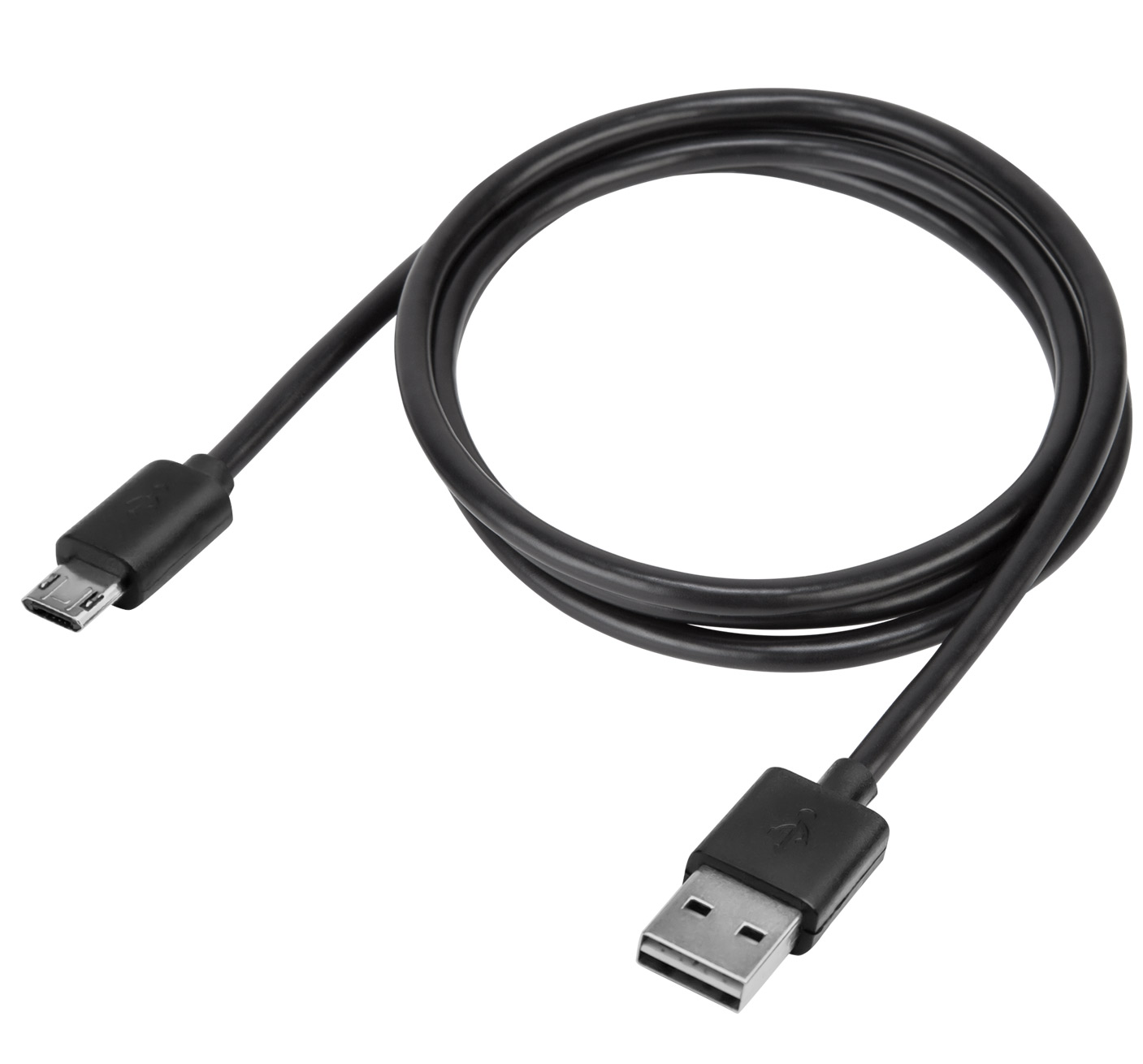 schwarzes USB-Kabel mit einem Standard-USB-Anschluss und einem Micro-USB-Anschluss. Es ist lang und flexibel.