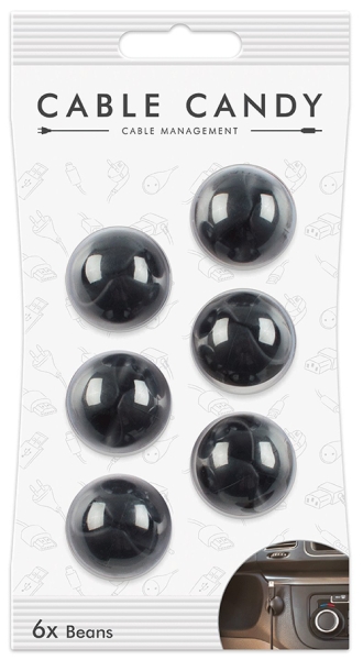 Sechs schwarze, runde Kabelmanagement-Bohnen. Glänzende Oberfläche. Verpackung zeigt eine Abbildung eines Autos mit Kabeln.