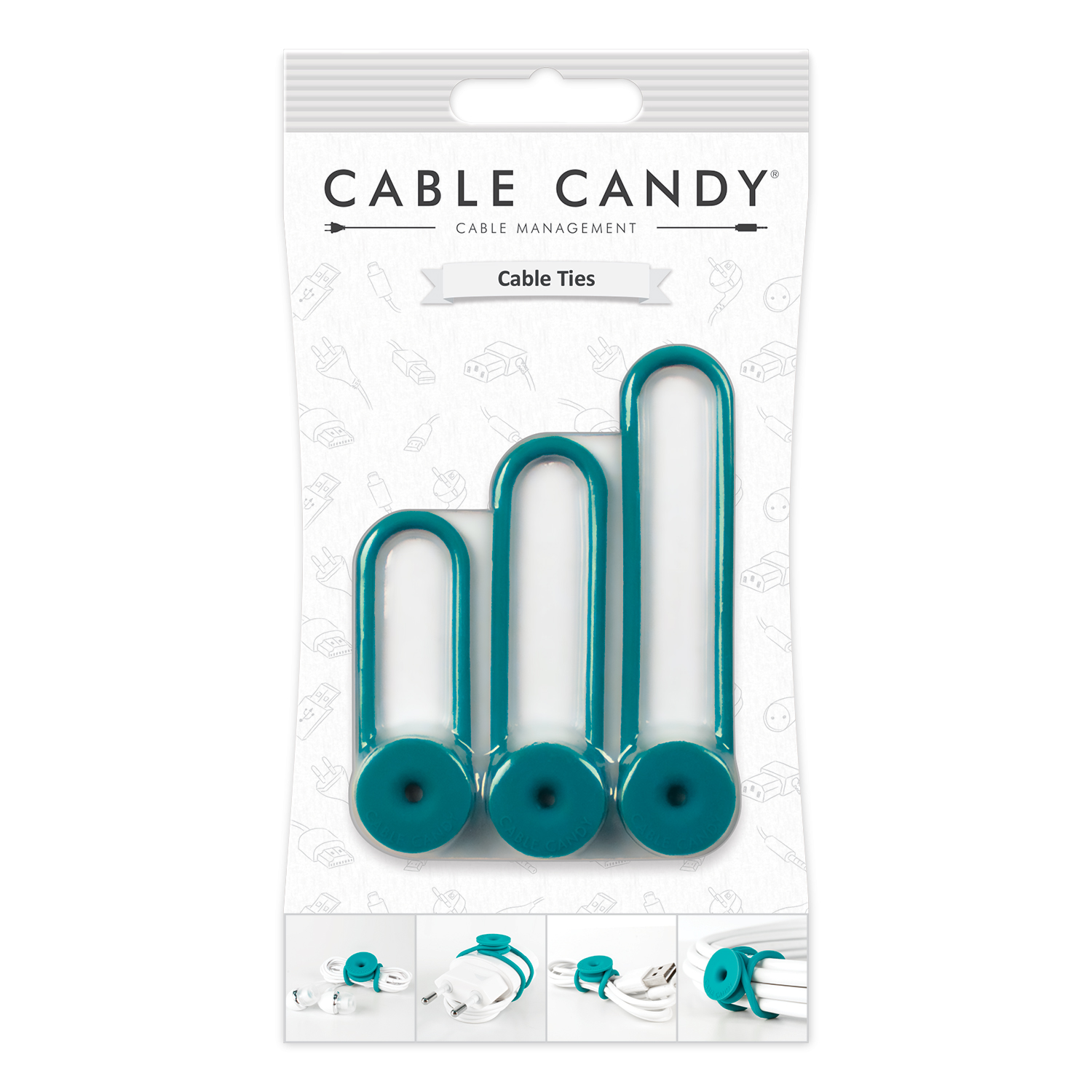 Drei Kabelbinder in Türkis. Verpackung mit grafischen Kabelmotiven.