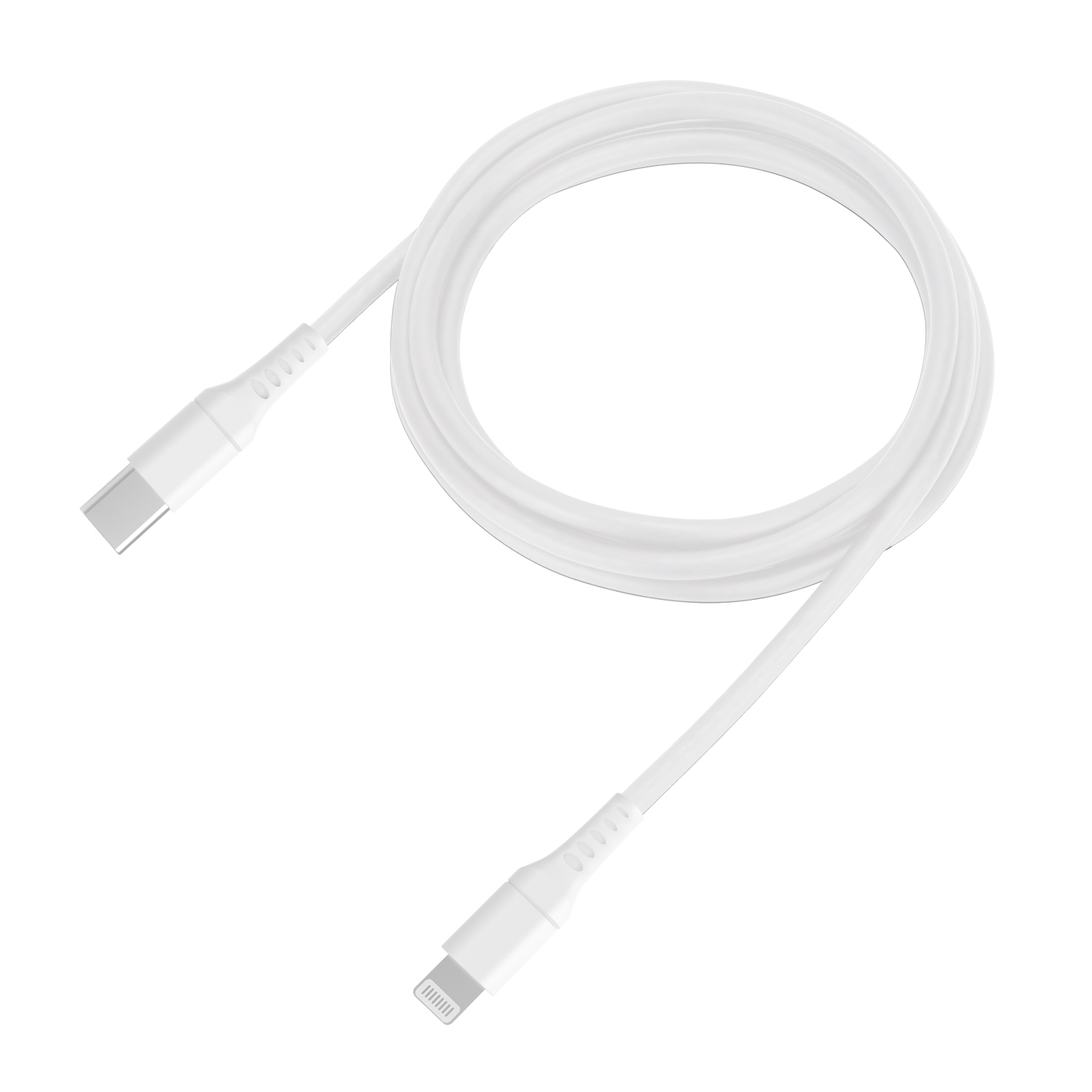 Weißes Kabel mit einem USB-Anschluss auf der einen und einem Lightning-Anschluss auf der anderen Seite. Es ist glatt und hat eine mittlere Länge.