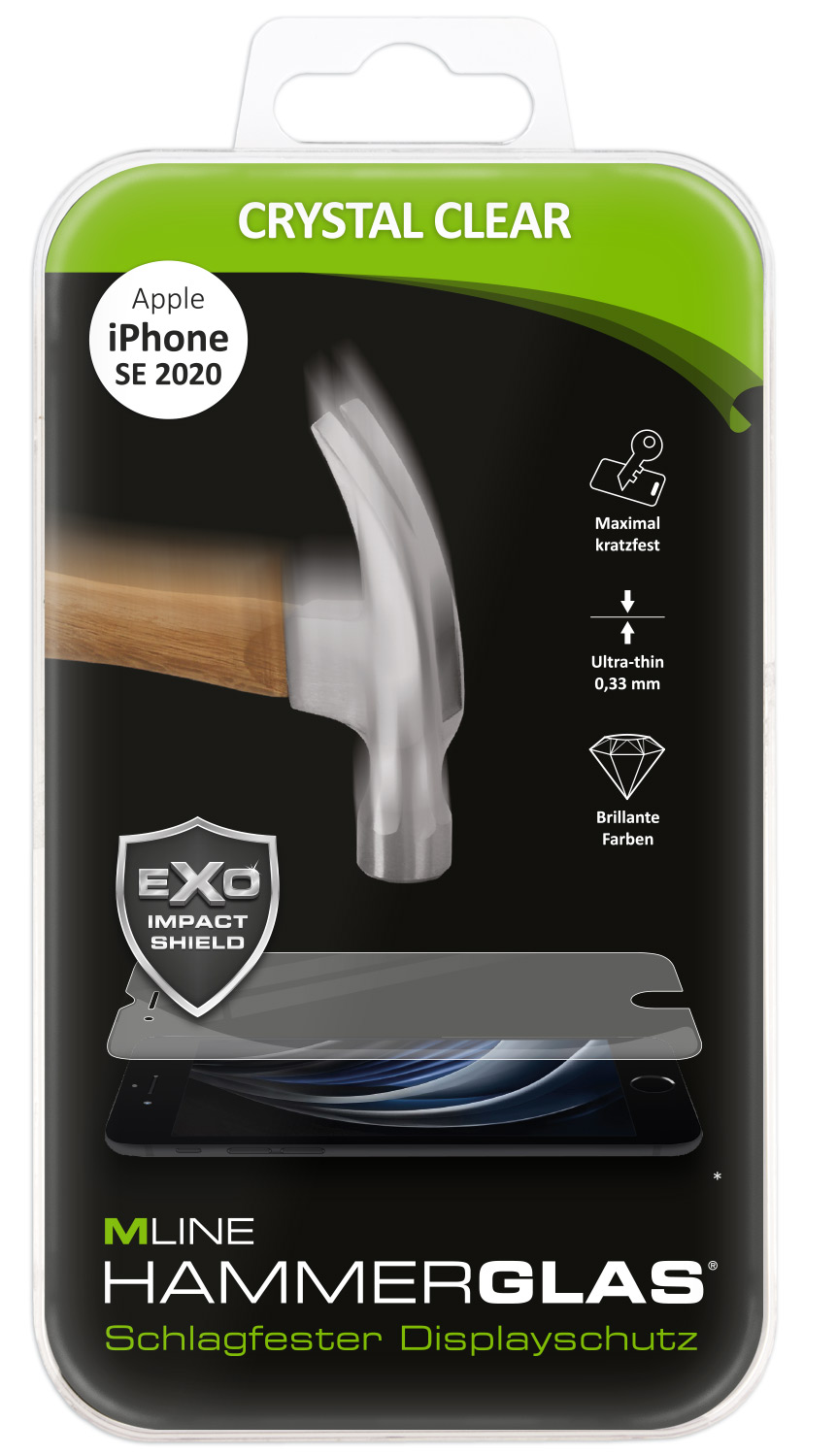 Displayschutz für iPhone SE 2020. Transparent mit Hammer-Symbol für Schlagfestigkeit.
