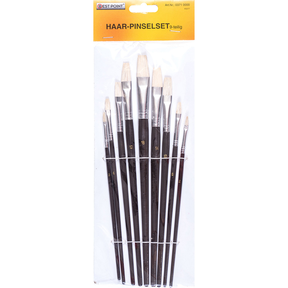 Set aus neun Haarpinseln in verschiedenen Größen. Pinsel mit hellen Borsten und schwarzen Griffen.