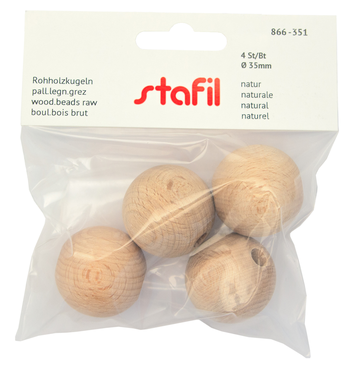 Vier rohe Holzperlen in einer transparenten Verpackung. Jede Perle hat einen Durchmesser von 35 mm.