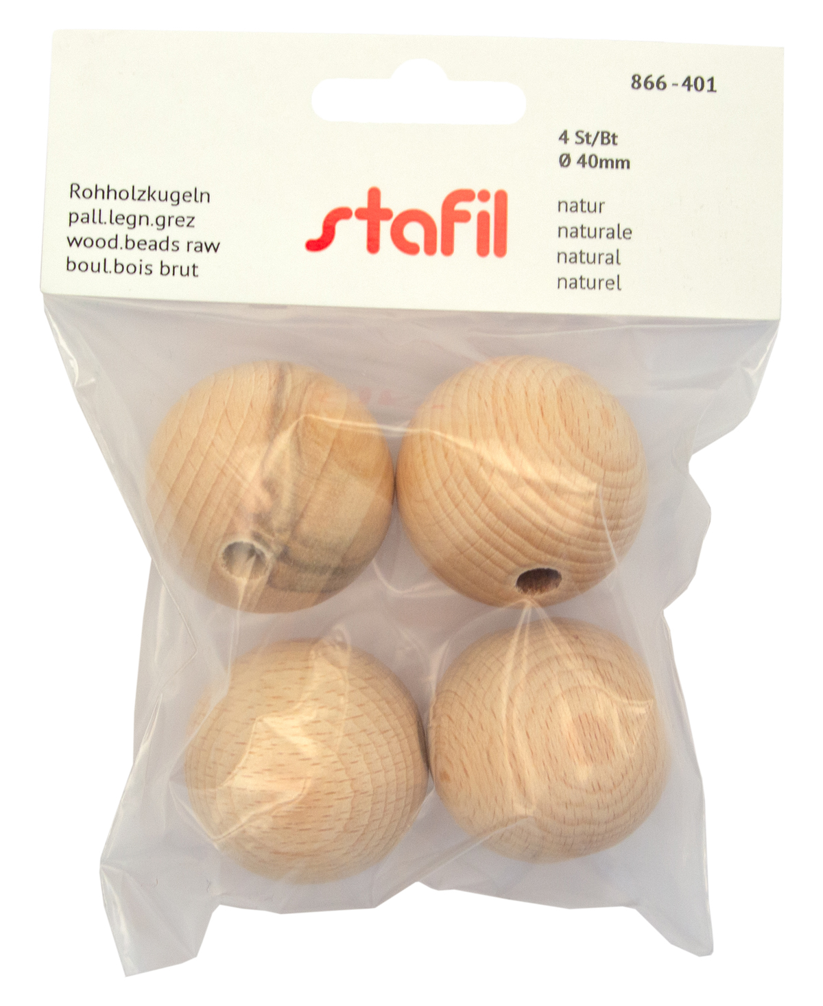 Vier rohe Holzperlen in einer transparenten Verpackung. Durchmesser von 40 mm, mit einem Loch in der Mitte.