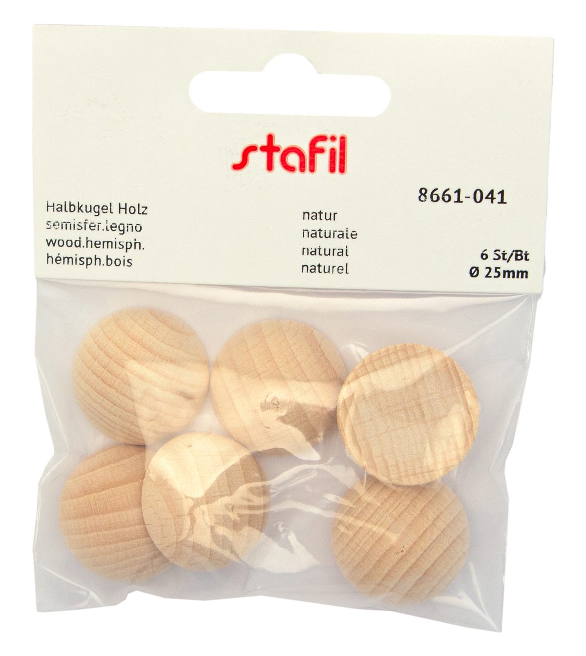 Sechs halbkugelige Holzstücke in einer transparenten Verpackung. Jedes Stück hat einen Durchmesser von 25 mm.