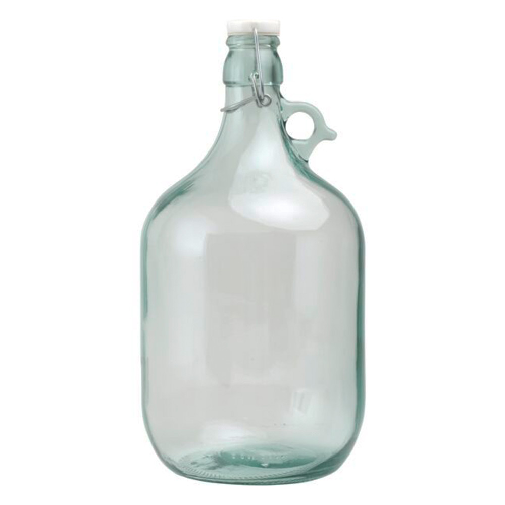 große, klare Glasflasche mit einem breiten Hals. Verschluss mit Draht und Kork. Rundliche Form, stabiler Boden.