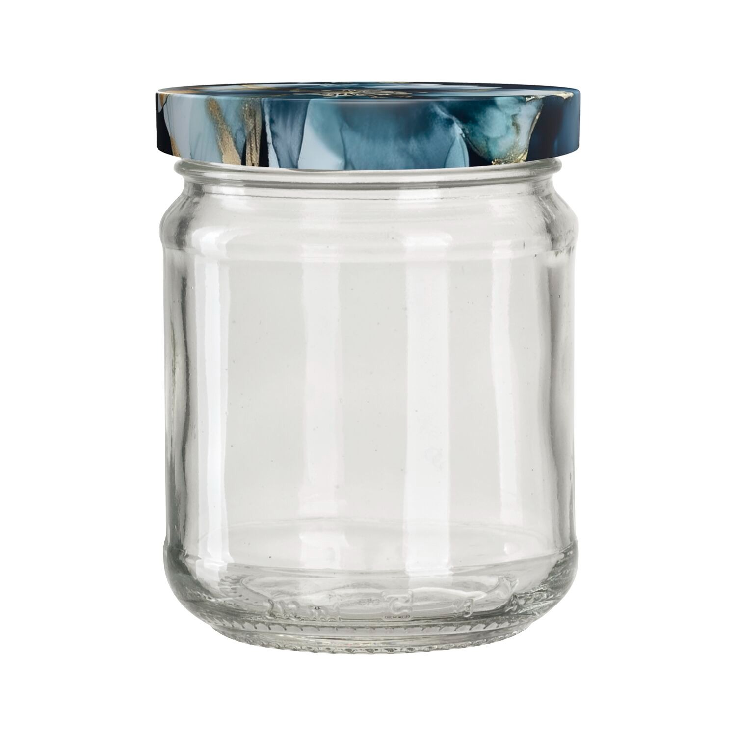 Glasbehälter mit klarem Körper. Deckel mit blauem, marmoriertem Muster. Rund und stabil.