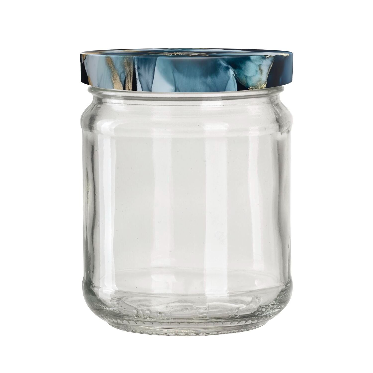 Glasbehälter mit einem bunten Deckel. Der Behälter ist durchsichtig und hat eine runde Form.