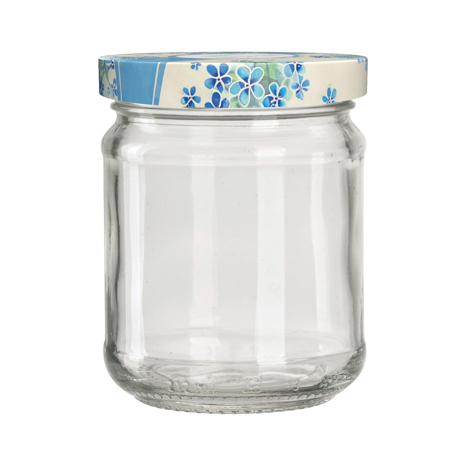 Glasjar mit einem bunten Deckel. Das Jar ist leer und hat eine runde Form.