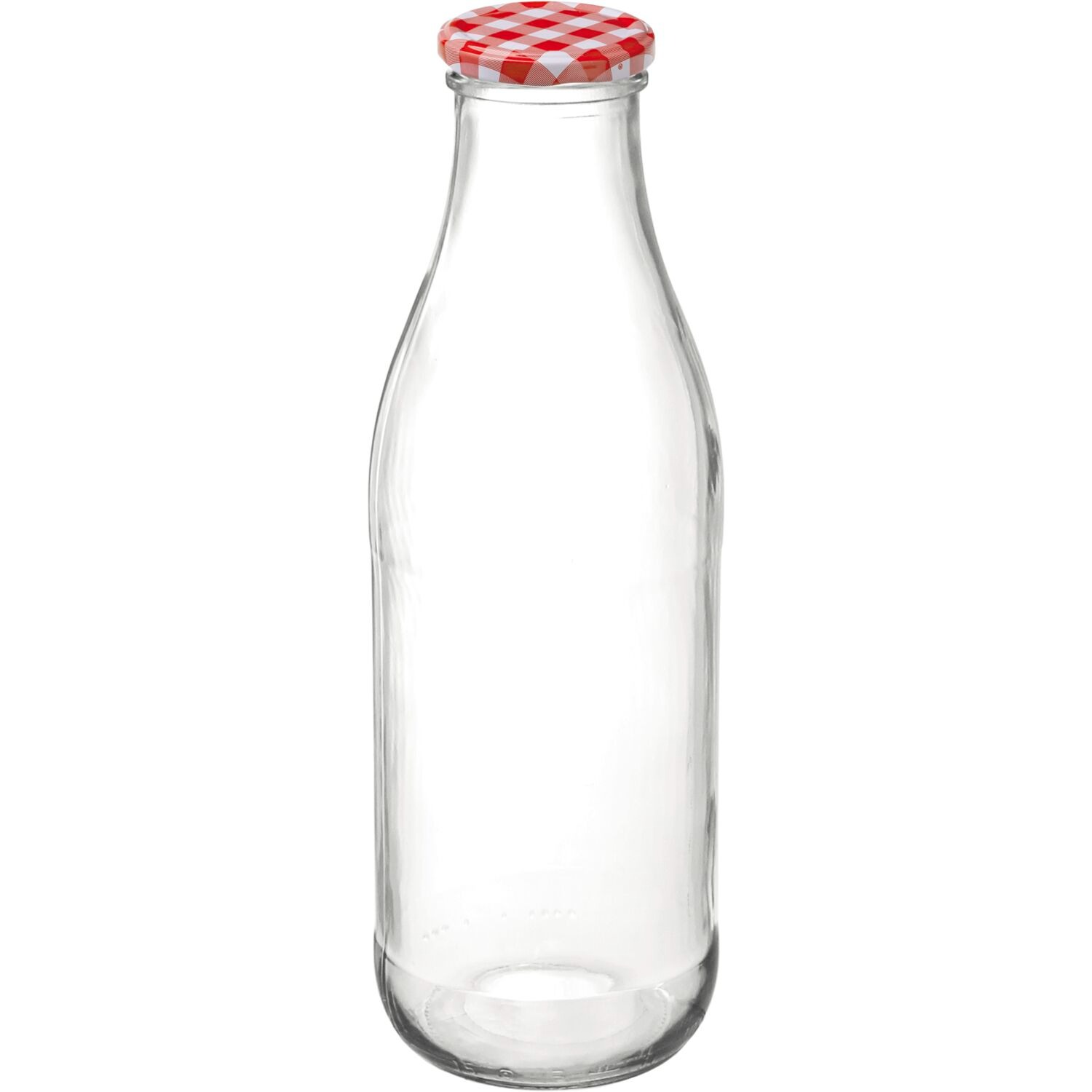 klare Glasflasche mit rot-weißem kariertem Deckel. Schmaler Hals, runde Basis. Transparent.