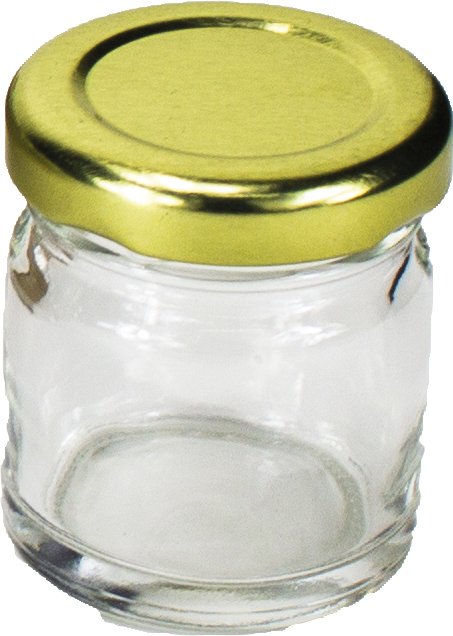 Kleines, rundes Glasgefäß mit goldenem Deckel. Transparentes Glas ohne Inhalt.