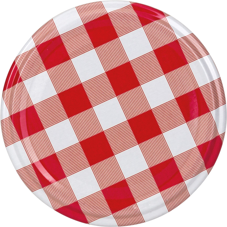 Runder Teller mit rot-weißer Karomusterung. Das Design ist einfach und klassisch.
