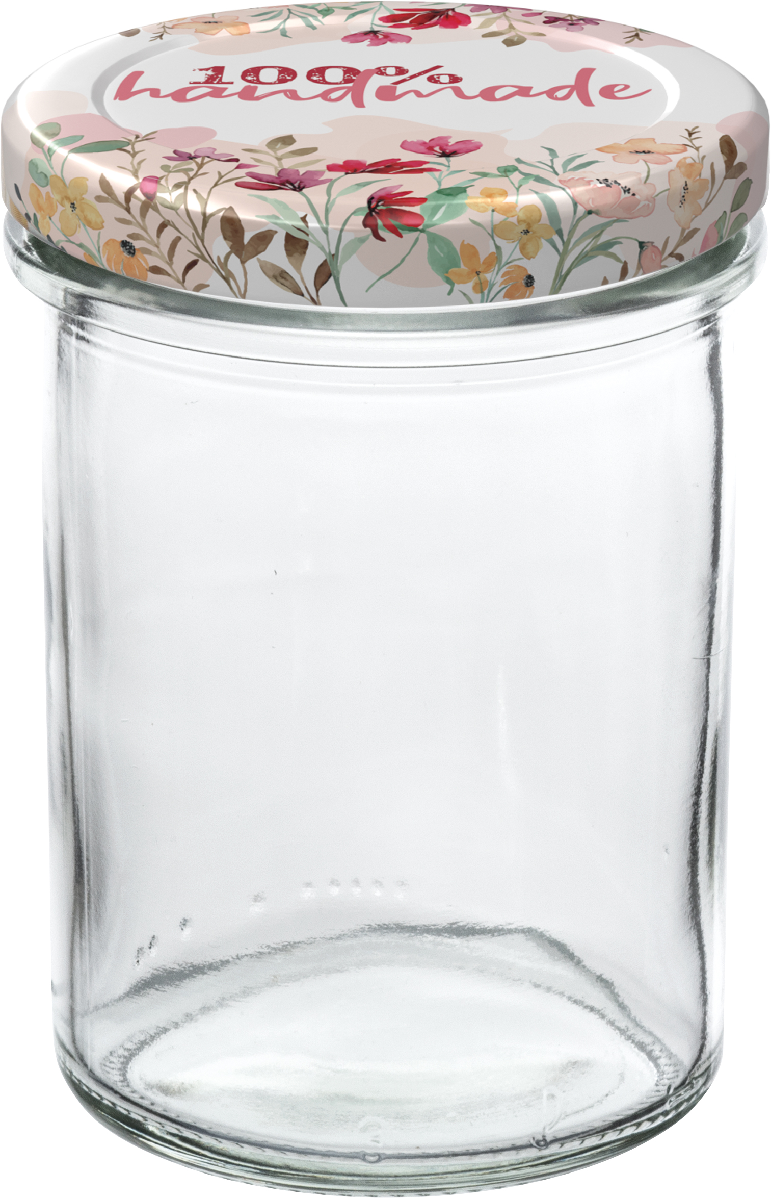 Glasbehälter mit einem bunten Deckel. Der Deckel hat florale Muster und den Aufdruck '100% handmade'. Der Behälter ist leer und transparent.