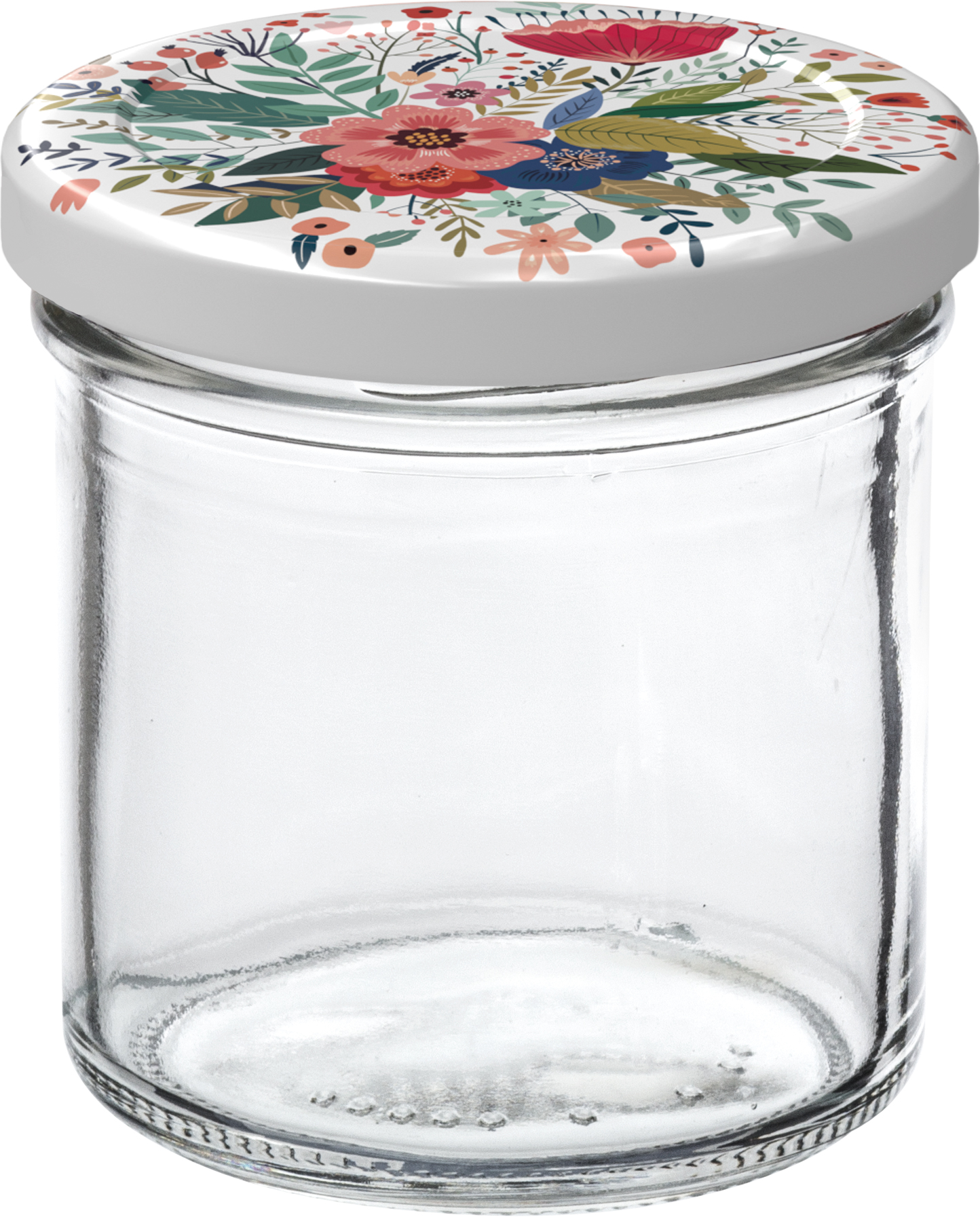 Glasbehälter mit buntem, floralem Deckel. Der Behälter ist durchsichtig und hat eine runde Form.