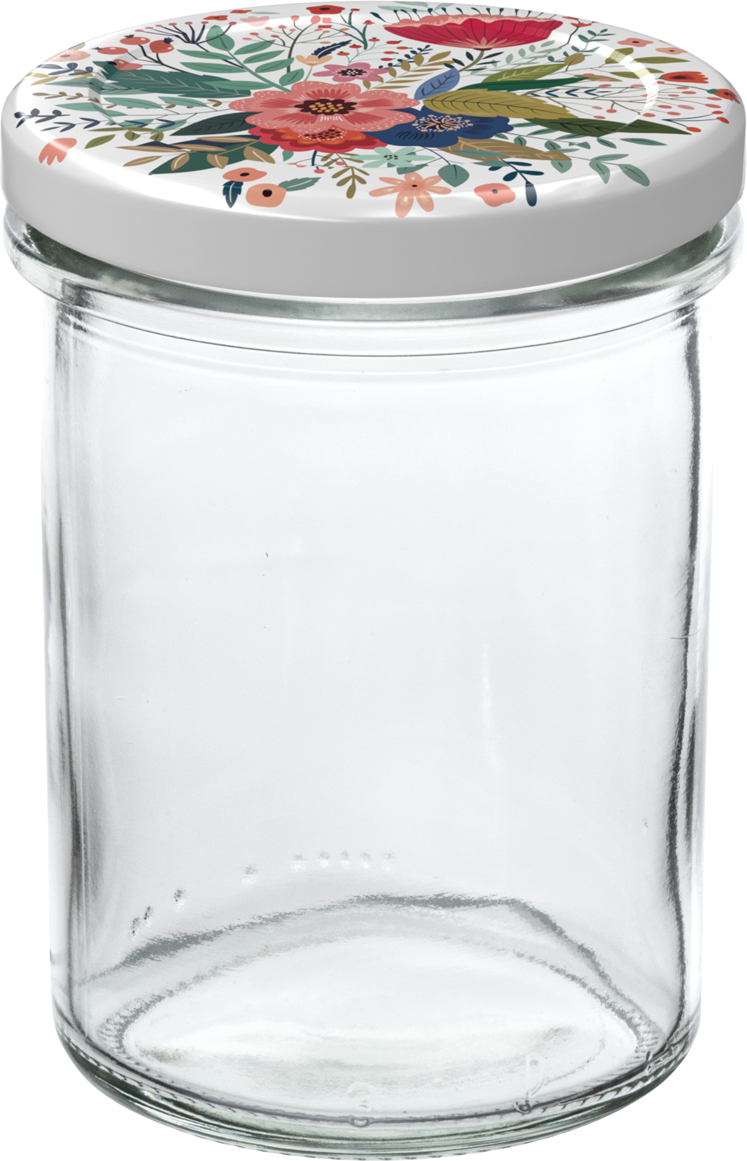 Glasbehälter mit floralem Deckel. Transparentes Glas, keine Füllung sichtbar.