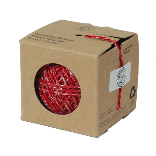 Kartonverpackung mit rotem und weißem Garn. Garn ist aufgerollt, 45 Meter lang, 2 mm dick. Verpackung aus recycelbarem Material.
