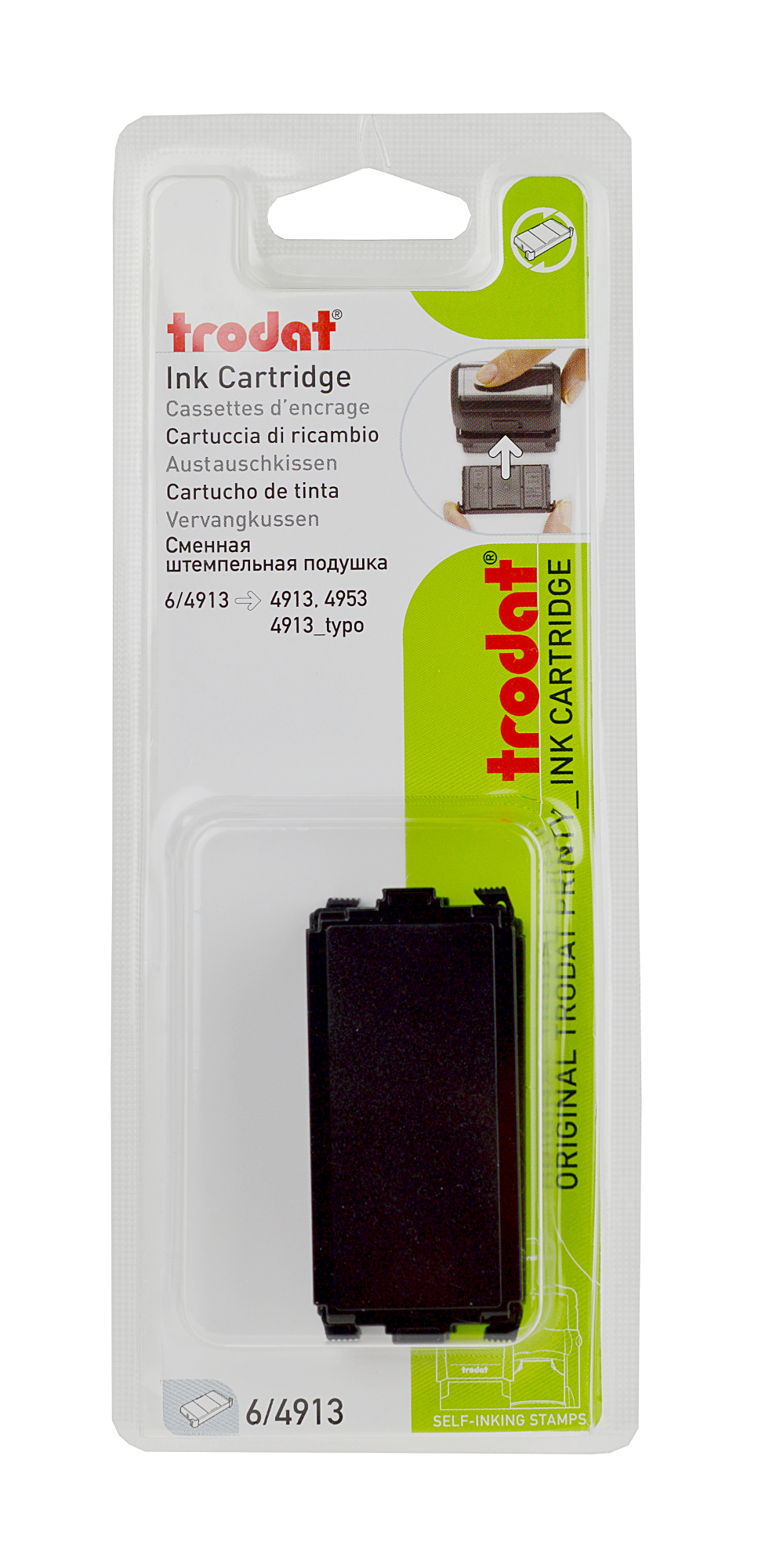 Schwarze Tintenpatrone für Stempel. Verpackung zeigt Anweisungen zur Verwendung.