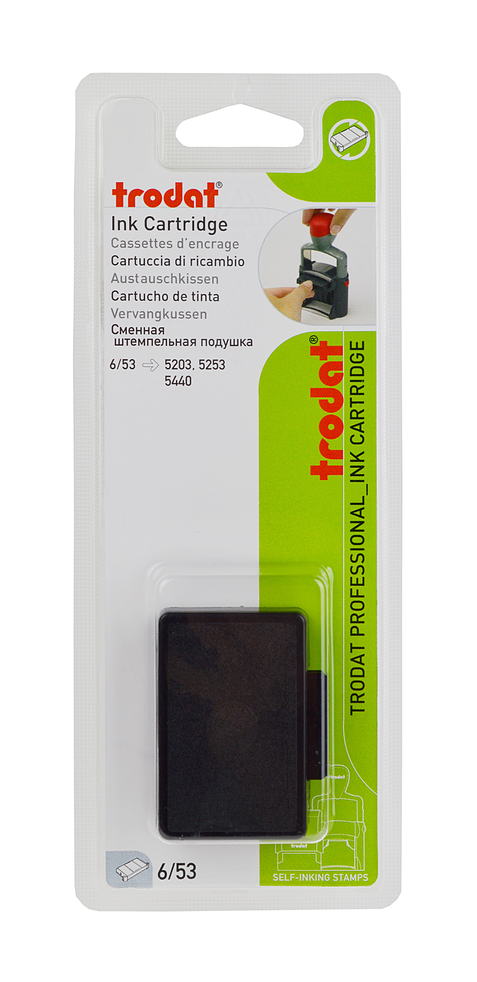 schwarze Tintenpatrone in durchsichtiger Verpackung. Auf der Verpackung sind verschiedene Sprachen und Symbole für die Verwendung abgebildet.
