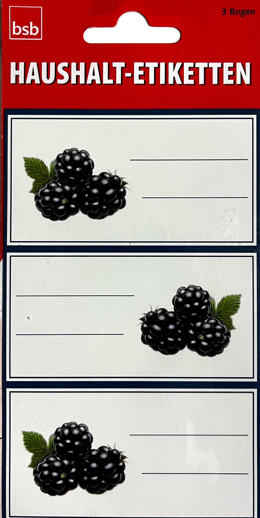Haushaltsetiketten mit Abbildung von Brombeeren. Drei Bögen mit leeren Beschriftungsfeldern.