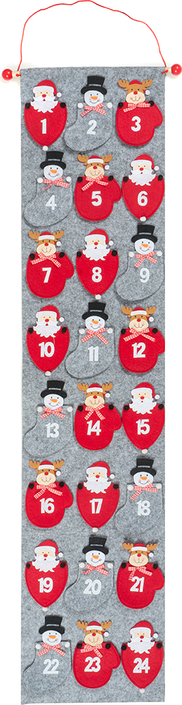 Adventskalender aus grauem Filz mit 24 Taschen. Jede Tasche hat eine weihnachtliche Figur.