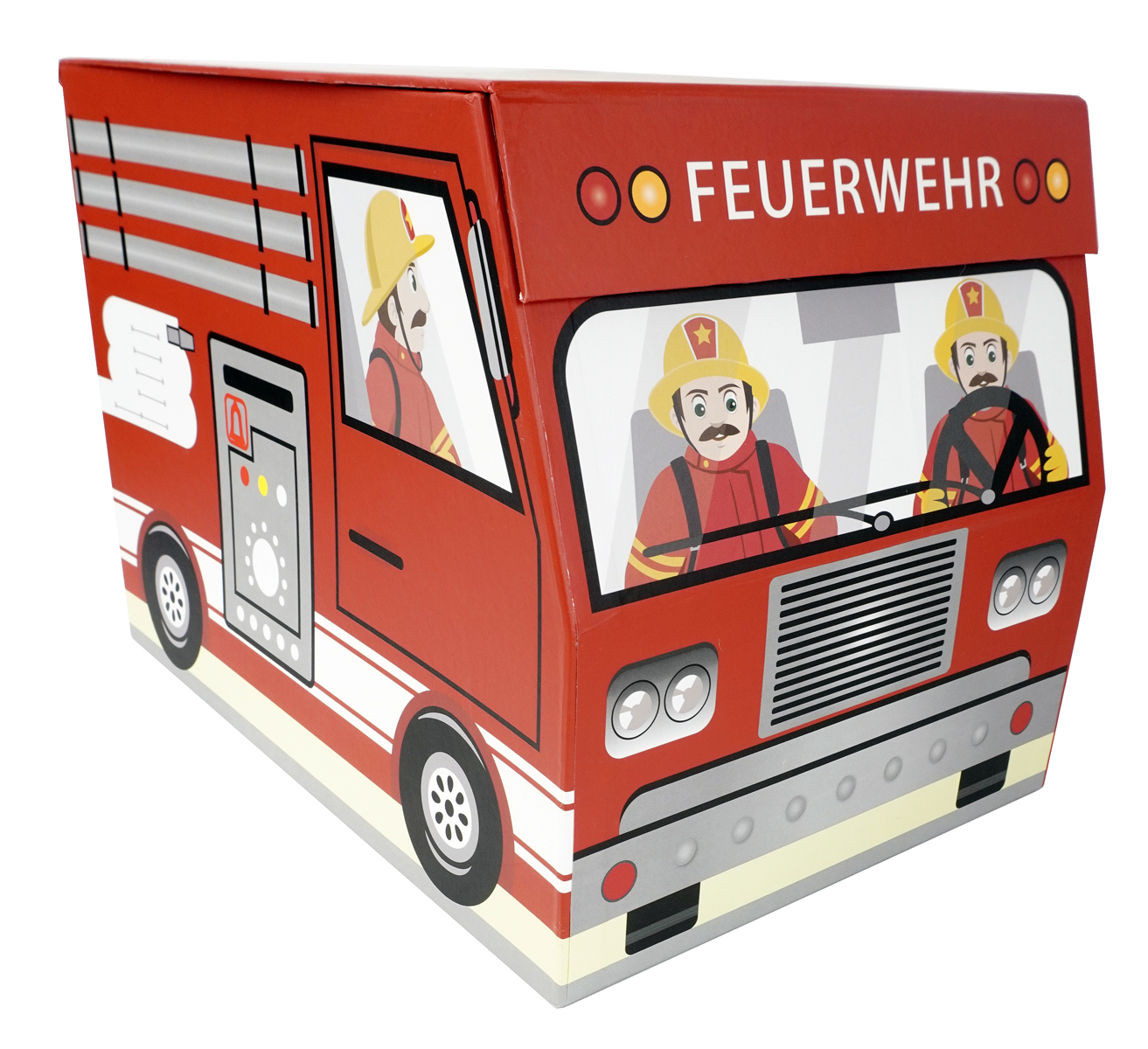 Ein rotes Spielzeugfeuerwehrauto mit zwei Feuerwehrmännern. Die Figuren sind cartoonhaft gestaltet.