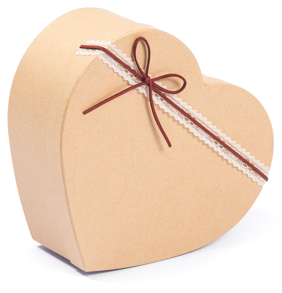 Herzförmige Geschenkbox aus braunem Karton. Mit rotem Band und Spitze verziert.