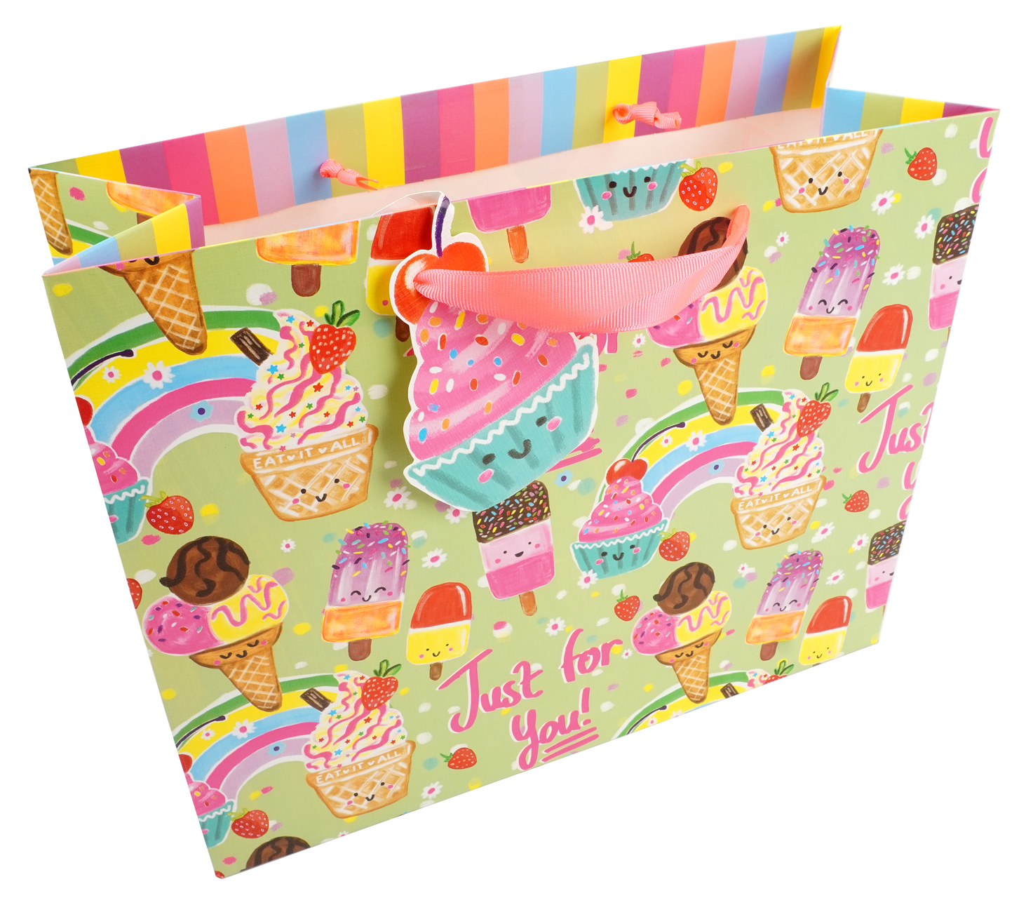 Bunte Geschenktüte mit Eiscreme-Motiven. Auf der Vorderseite steht 'Just for You!'
