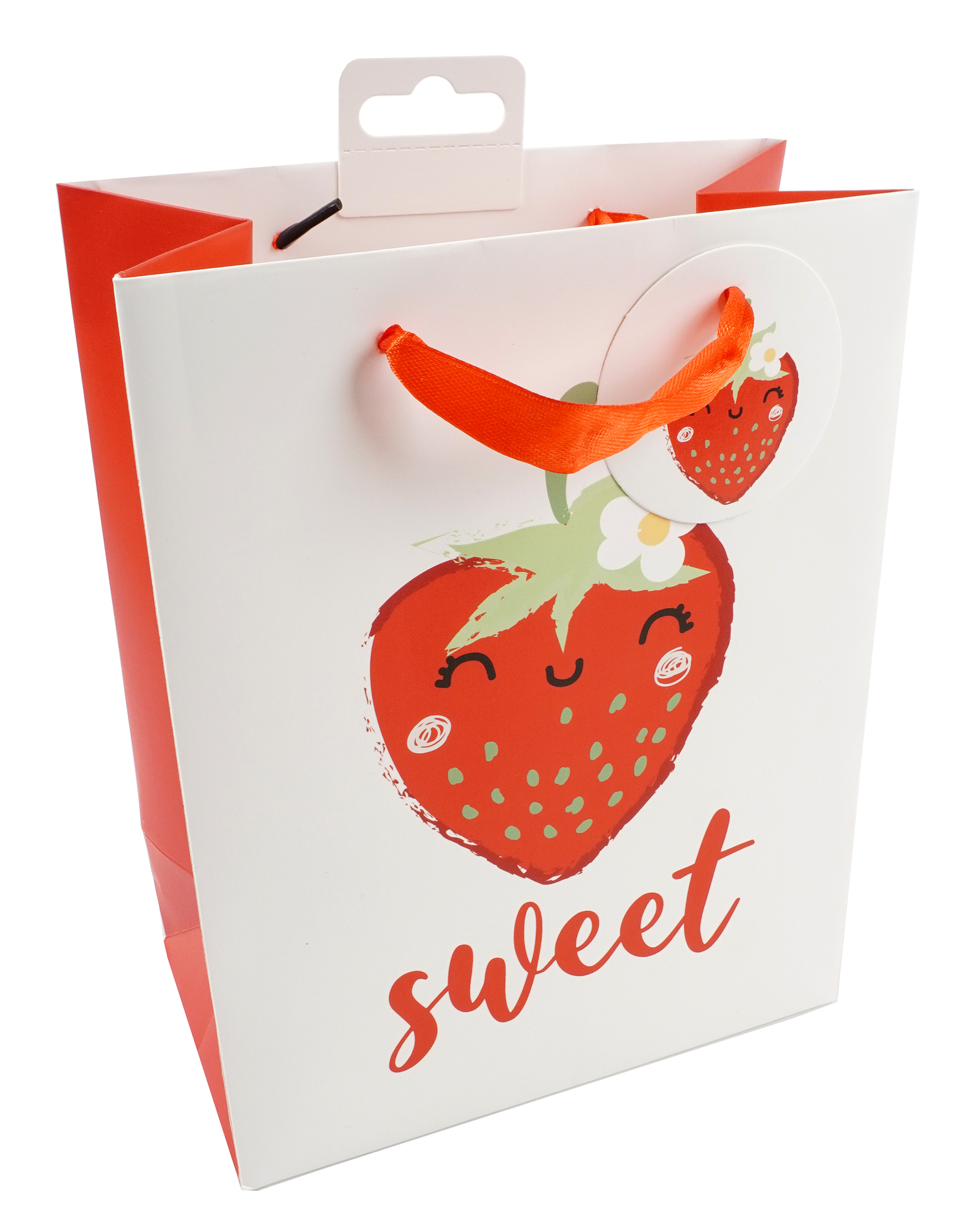 Weiße Geschenktüte mit einem roten Erdbeer-Motiv. Aufschrift 'sweet' in geschwungener Schrift.