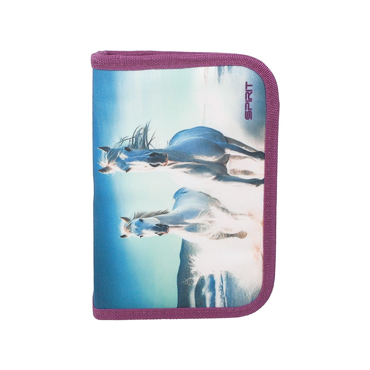 Ein Etui mit einem Bild von zwei weißen Pferden am Strand. Der Rand ist lila.