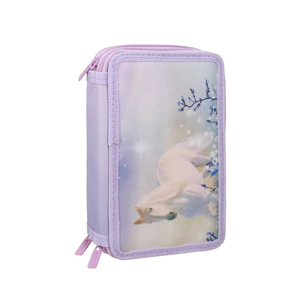 Lila Federmäppchen mit einem weißen Pferd und floralen Motiven. Die Oberfläche ist glänzend.