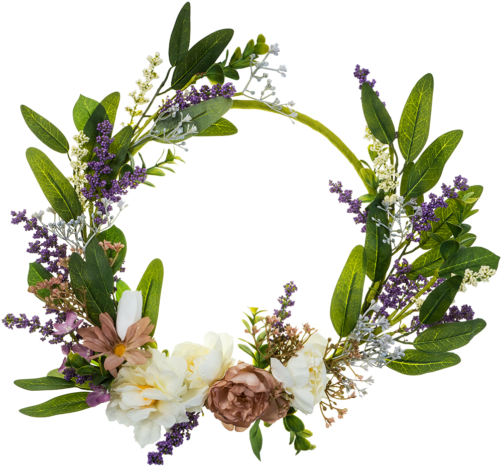 Kreisförmiger Blumenkranz mit bunten Kunstblumen und grünen Blättern. Farben sind lila, rosa und weiß.