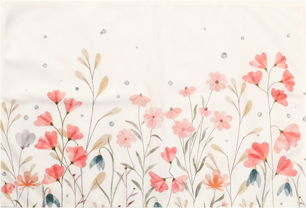 Helle, florale Muster auf weißem Hintergrund. Rosa und pinke Blumen mit grünen Blättern. Leichte, verspielte Gestaltung.