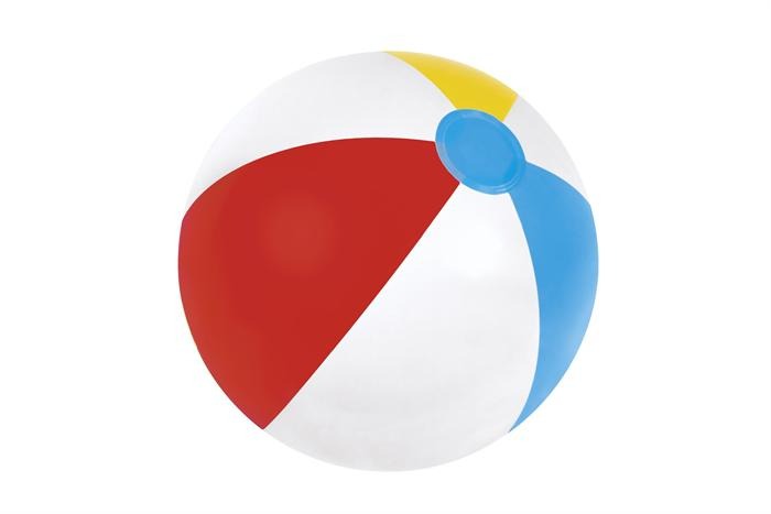 Bunte Strandball mit rot, blau, gelb und weiß. Rund und aufblasbar.