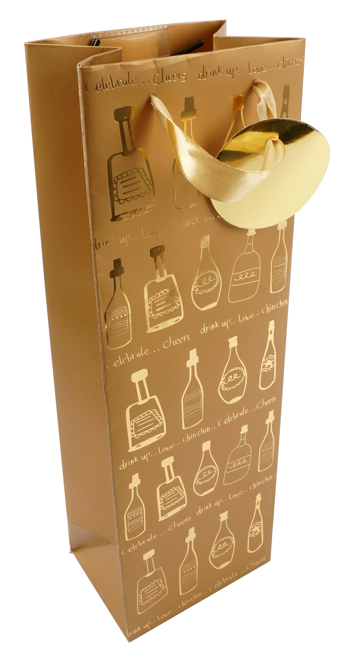 Goldene Geschenktüte mit Flaschenmotiven. Tragegriff aus Satin.
