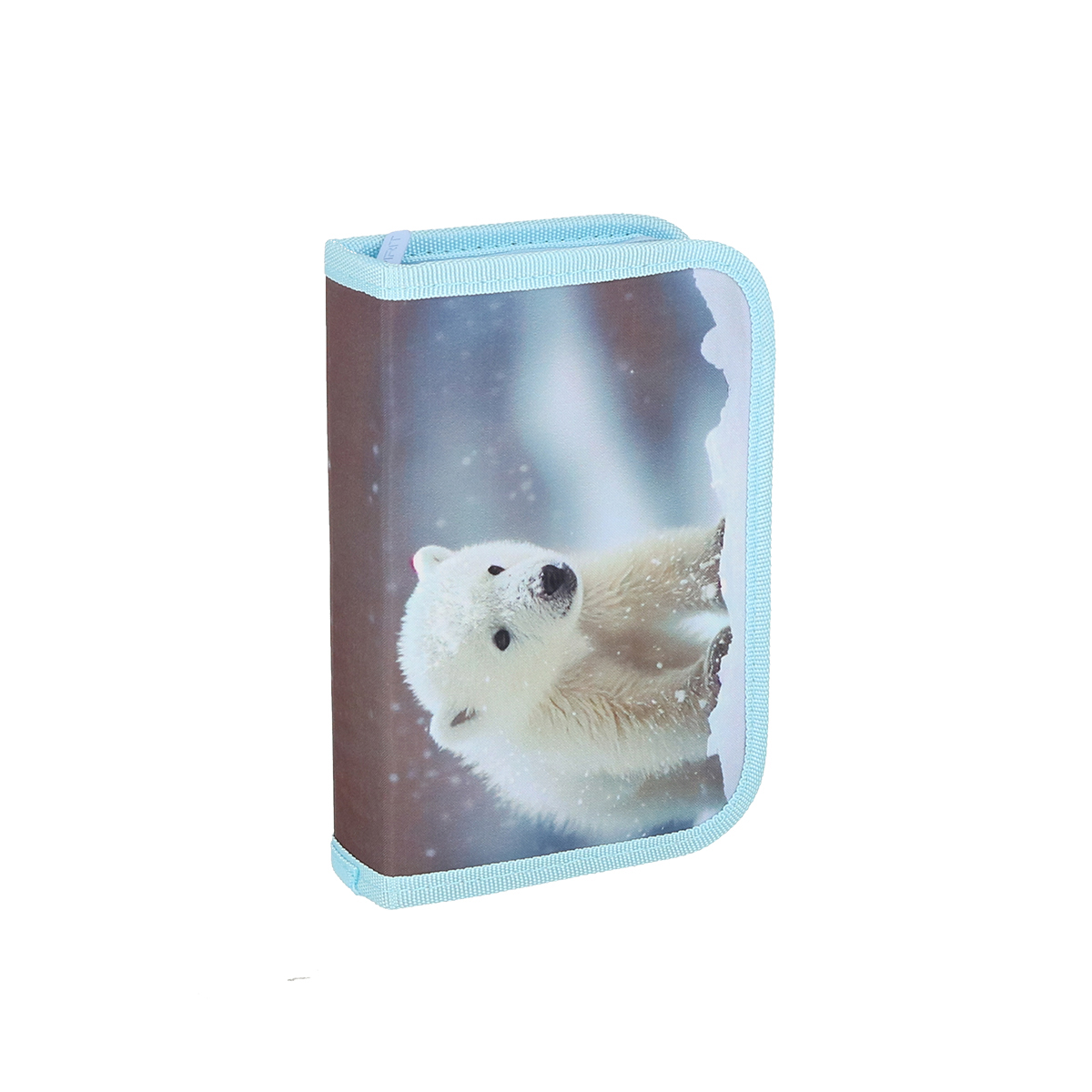 Ein Etui mit einem Bild von einem niedlichen Eisbärenbaby. Die Farben sind sanft und das Etui hat einen Reißverschluss.